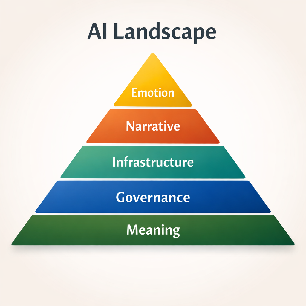 AI Landscape triangle diagram showing five layers — Emotion, Narrative, Infrastructure, Governance, and Meaning — stacked from top to base.