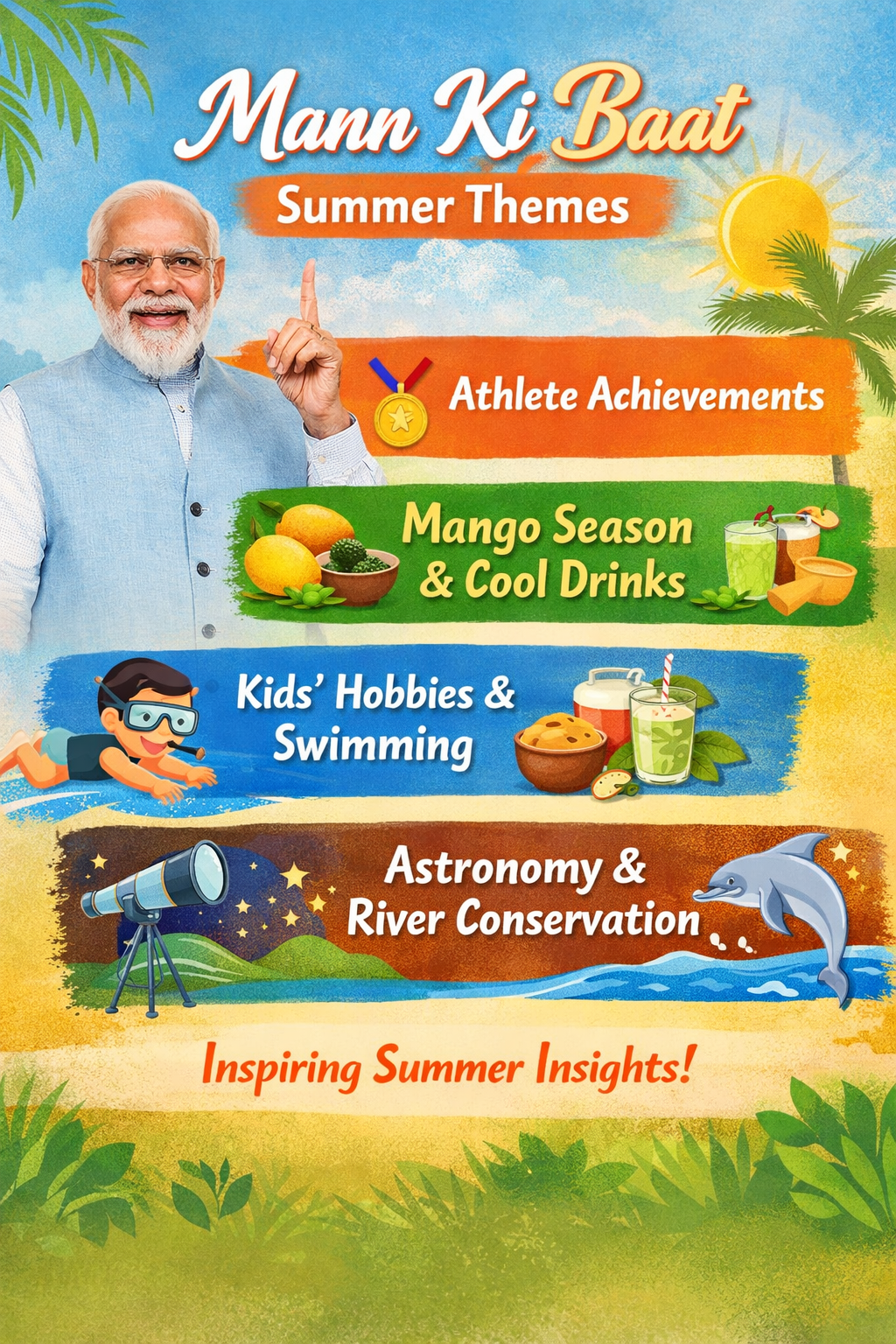 Infographic illustrating early summer governance signals from Mann Ki Baat, including athletes, seasonal traditions, children’s hobbies, astronomy, and river conservation.