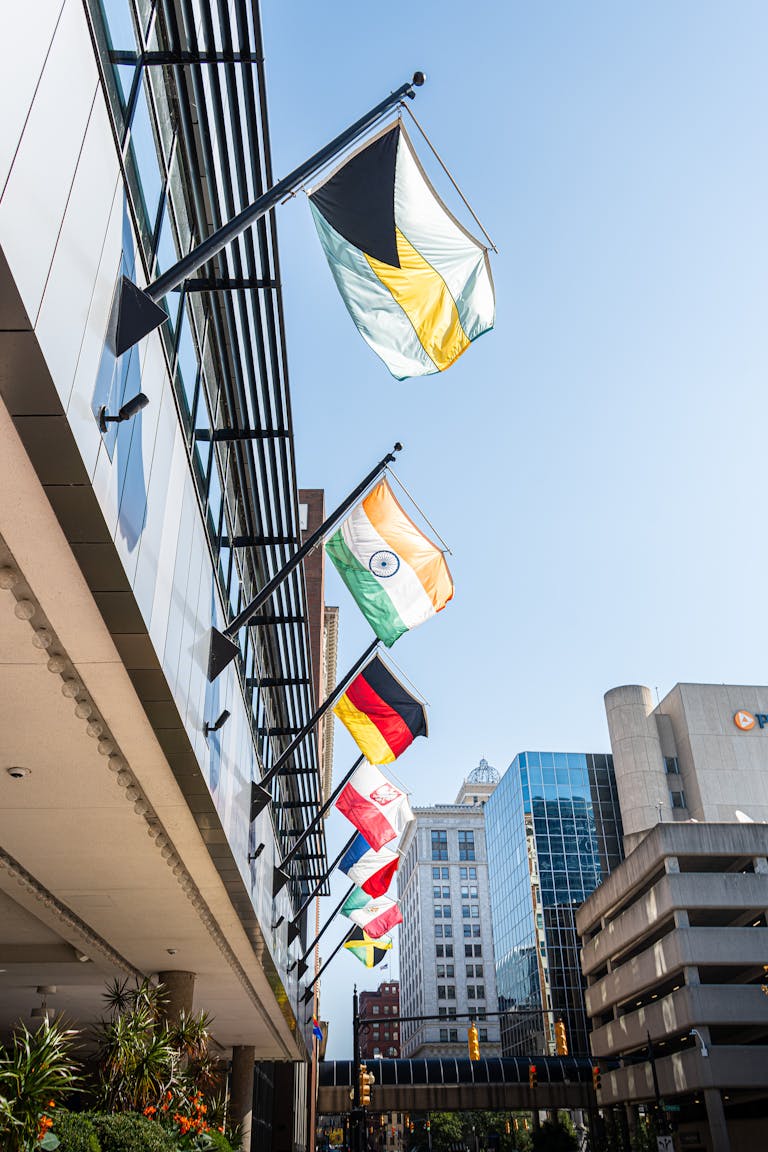 BRICS Signals Edition 8 Street view of international flags in Grand Rapids, Michigan, USA.