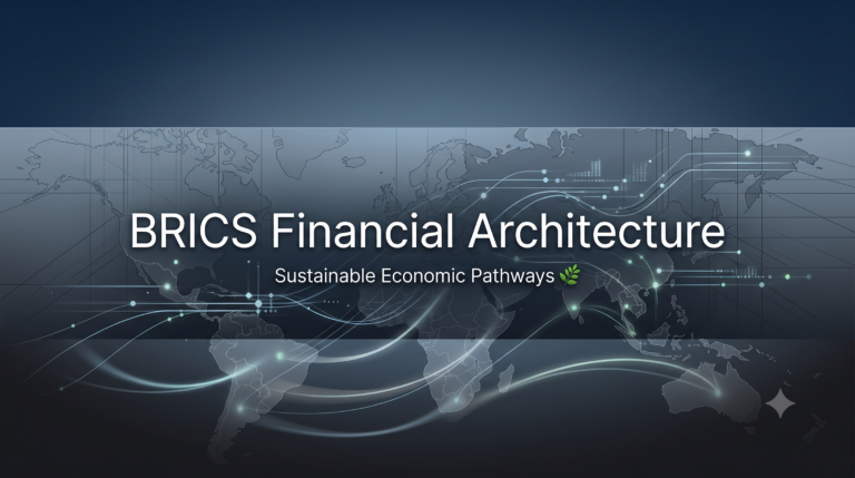 A world map with glowing financial flow lines and data points, illustrating global connectivity. The text reads “BRICS Financial Architecture” and “Sustainable Economic Pathways.”