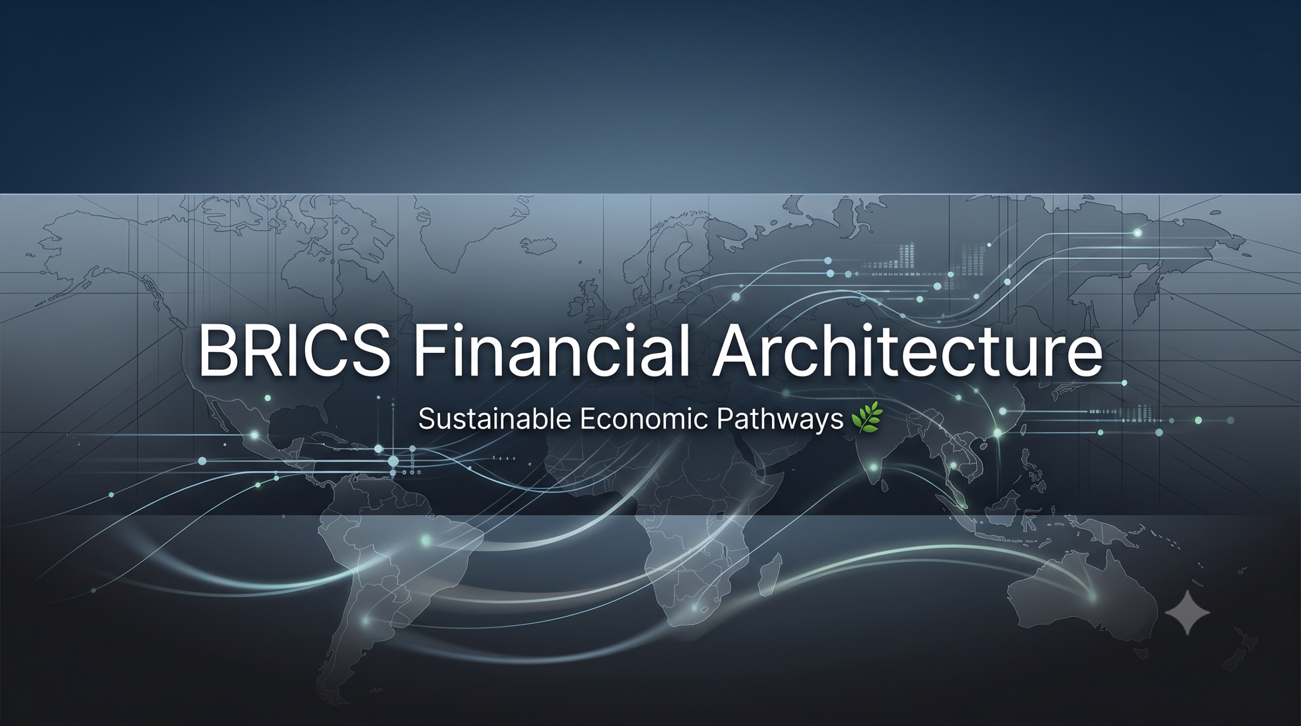 A world map with glowing financial flow lines and data points, illustrating global connectivity. The text reads “BRICS Financial Architecture” and “Sustainable Economic Pathways.”