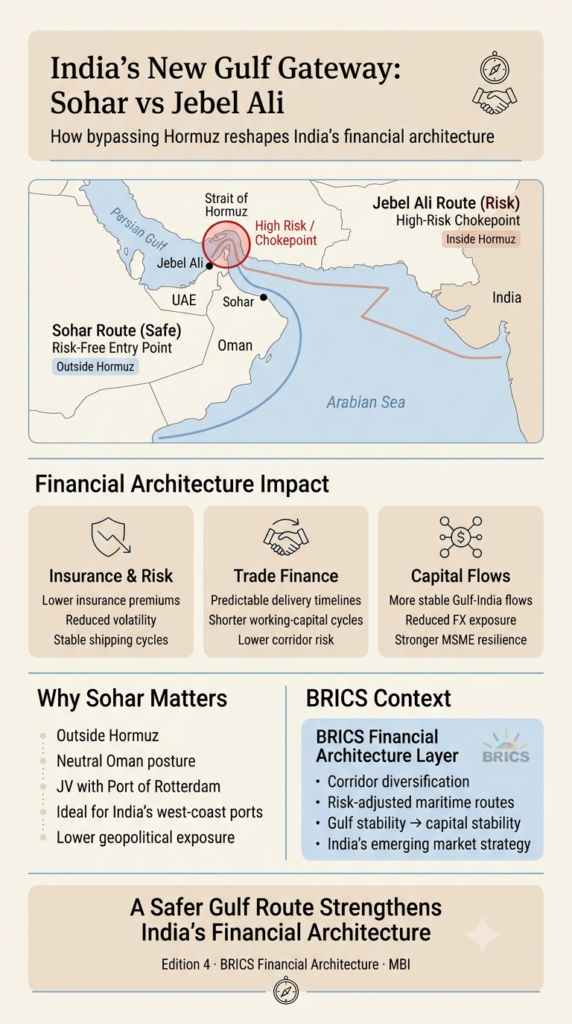 Vertical infographic comparing India’s shipping routes to Sohar and Jebel Ali. The left side shows a safe, direct line from India to Sohar outside the Strait of Hormuz. The right side shows a route passing through Hormuz toward Jebel Ali, marked as a high‑risk chokepoint. Panels explain lower insurance costs, stable trade finance, reduced corridor risk, and how Sohar strengthens India’s financial architecture within the BRICS context.