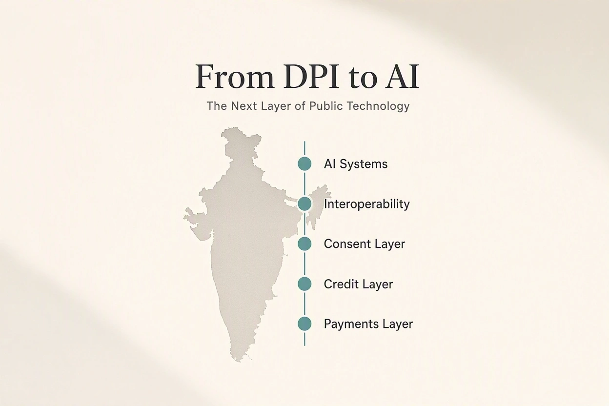 India silhouette connected through a vertical technology stack showing payments, credit, consent, interoperability, and AI systems. The visual illustrates how digital public infrastructure forms the foundation for the next generation of public technology.
