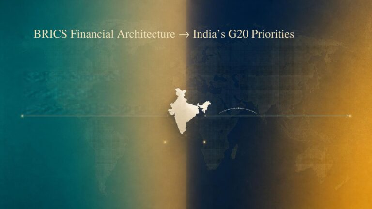A stylized landscape map with India centered against a teal‑to‑gold gradient, showing a thin horizontal line and Gulf arc to represent India’s transition from BRICS financial architecture to its G20 priorities.